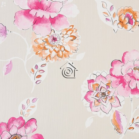 Papel pintado Pergola 62295030 de flores rosas con fondo beige